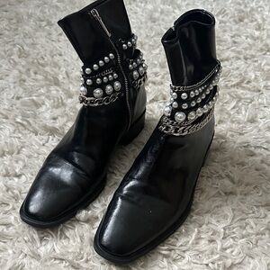 Zara Black Ankle Boots with Pearl and Chain Detail